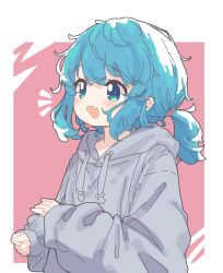 Rule 34 | 1girl, aoi tori, blue eyes, blue hair, blush, blush stickers, border, commentary, double-parted bangs, drawstring, facing to the side, fang, grey hoodie, highres, hood, hood down, hoodie, long hair, messy hair, notice lines, open mouth, original, outside border, pink background, short twintails, skin fang, sleeves past wrists, smile, solo, teru-chan (aoi tori), twintails, white border