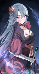 Rule 34 | 1girl, absurdres, bad link, bandaged arm, bandages, black choker, braid, breasts, celine (epic seven), choker, cleavage, closed mouth, epic seven, grey hair, hair ornament, halterneck, highres, holding, holding weapon, kaetzchen, large breasts, long hair, looking at viewer, multicolored hair, pink eyes, solo, spaghetti strap, spirit eye celine (epic seven), streaked hair, taut clothes, weapon