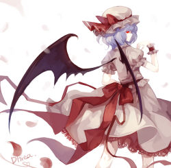 Rule 34 | 1girl, bad id, bad pixiv id, bat wings, blue hair, dhiea, female focus, from behind, hat, looking back, red eyes, remilia scarlet, short hair, solo, standing, touhou, wings, wrist cuffs