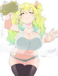 Rule 34 | 1girl, aetherion, against glass, blonde hair, breasts, dragon girl, dragon horns, gradient hair, green hair, green shorts, highres, horns, kobayashi-san chi no maidragon, large breasts, long hair, looking at viewer, lucoa (maidragon), multicolored hair, narrow waist, no bra, one eye closed, see-through, shirt, shorts, slit pupils, solo, thighhighs, twintails, underwear, underwear only, washing, wet, wet clothes, wet shirt, yellow eyes