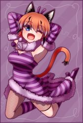 Rule 34 | 1girl, alice in wonderland, animal ears, blue eyes, caracal (kemono friends), caracal ears, cat ears, cat girl, cat tail, dress, elbow gloves, extra ears, fishnets, gloves, high heels, highres, hikarikmy, kemono friends, kemono friends v project, long hair, looking at viewer, one eye closed, open mouth, orange hair, parody, purple background, scarf, simple background, smile, socks, solo, tail, virtual youtuber
