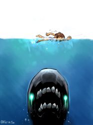 Rule 34 | &gt; &lt;, 1girl, :&lt;, brown hair, character request, flying sweatdrops, from side, i-401 (kancolle), jaws (movie), kantai collection, one-piece swimsuit, parody, partially underwater shot, ponytail, rariatto (ganguri), solo, swimming, swimsuit, twitter username, underwater
