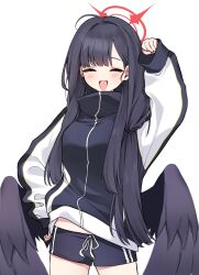 Rule 34 | :d, bagjeomlye88315, black hair, blue archive, blush, closed eyes, feathered wings, grey eyes, gym shorts, gym uniform, halo, highres, ichika (blue archive), long hair, open mouth, shorts, simple background, smile, white background, wings