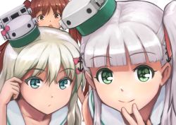 Rule 34 | 3girls, absurdres, anchor hair ornament, blonde hair, blue eyes, blunt bangs, brown eyes, brown hair, close-up, closed mouth, grecale (kancolle), green eyes, hair ornament, hair ribbon, hat, highres, kantai collection, libeccio (kancolle), long hair, looking at viewer, maestrale (kancolle), multiple girls, one side up, porupurucha, ribbon, sailor collar, simple background, sleeveless, smile, twintails, white background, white hair, white sailor collar