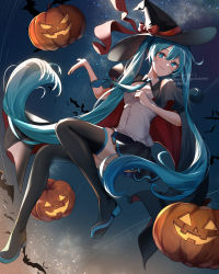 Rule 34 | 1girl, aqua hair, bat (animal), black cape, black skirt, black thighhighs, blue eyes, blue hair, boots, breasts, cape, closed mouth, halloween, hat, hatsune miku, highres, jack-o&#039;-lantern, long hair, medium breasts, miyanami 3, pumpkin, red cape, shirt, skirt, smile, solo, thigh boots, thighhighs, twintails, upper body, very long hair, vocaloid, white shirt, witch hat