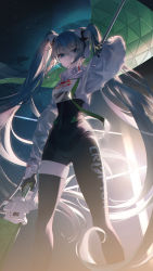 Rule 34 | 1girl, absurdres, aqua hair, arm up, black bodysuit, black thighhighs, bodysuit, crop top, cropped jacket, feet out of frame, floating hair, from below, hatsune miku, highres, holding, jacket, long hair, looking at viewer, racing miku, racing miku (2022), racing suit, solo, star (sky), thighhighs, thighs, twintails, very long hair, vocaloid, white jacket, yon (tellmedoor)