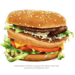 Rule 34 | artist name, big mac, burger, cheese, copyright notice, email address, fast food, food, highres, lettuce, meat, no humans, original, sauce, sesame seeds, simple background, tomato, uroyama (macrophage), white background