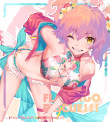 Rule 34 | 1girl, bent over, bikini, breasts, cleavage, flamingo print, floral print, flower, grin, hair between eyes, hair flower, hair ornament, hand on own hip, hand on own knee, highres, idolmaster, idolmaster cinderella girls, jacket, jougasaki mika, makeup, medium breasts, o-ring, o-ring bikini, one eye closed, open clothes, open jacket, pink hair, red flower, simple background, smile, solo, swimsuit, thigh strap, twintails, yagita (astronomie), yellow flower