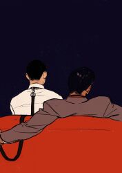 Rule 34 | 2boys, animal collar, black collar, black hair, blue background, brown jacket, chengongzi123, collar, collared shirt, couch, facing away, from behind, golden kamuy, highres, holding, holding leash, jacket, koito otonoshin, leash, long sleeves, male focus, multiple boys, on couch, scar, scar on neck, shirt, short hair, simple background, sitting, tsukishima hajime, upper body, very short hair