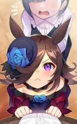 Rule 34 | 1boy, 2girls, :&lt;, animal ears, blue flower, blue headwear, blue rose, blush, brown hair, closed mouth, commentary request, flower, from above, hair over one eye, hat, highres, horse ears, horse girl, katwo, kiryuuin aoi, long hair, looking at viewer, multiple girls, pov, purple eyes, rice shower (umamusume), rose, tears, tilted headwear, umamusume
