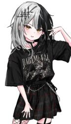 Rule 34 | 1girl, absurdres, akarinnndesu, alternate costume, babymetal, band shirt, black choker, black hair, black shirt, black skirt, blush, braided hair rings, chain, choker, collar, ear bar, ear piercing, earrings, emo fashion, fishnet pantyhose, fishnets, garter straps, goth fashion, grey hair, hair ornament, hand up, highres, hololive, hololive english, jewelry, long hair, looking at viewer, medium hair, merchandise, multicolored hair, open mouth, pantyhose, piercing, plaid, pleated skirt, ring, shiori novella, shirt, short sleeves, simple background, skirt, smile, solo, split-color hair, t-shirt, thighhighs, two-tone hair, virtual youtuber, white background, white hair, yellow eyes