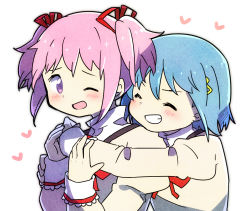 Rule 34 | 2girls, ;d, arms around neck, bad id, bad pixiv id, blue hair, blush, clenched teeth, close-up, closed eyes, closed mouth, dot nose, furrowed brow, grin, hair ornament, hairclip, hand on another&#039;s arm, heart, heart background, hug, hug from behind, juliet sleeves, kaname madoka, kirikuchi riku, long sleeves, looking at another, looking back, mahou shoujo madoka magica, mahou shoujo madoka magica (anime), miki sayaka, mitakihara school uniform, multiple girls, neck ribbon, one eye closed, open mouth, pink hair, puffy sleeves, red ribbon, ribbon, school uniform, short hair, short twintails, simple background, smile, teeth, twintails, uniform, upper body, v-shaped eyebrows, white background