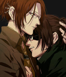 Rule 34 | 2others, brown eyes, brown hair, brown jacket, clenched teeth, commentary request, dual persona, eyepatch, glasses, hange zoe, hug, jacket, mo cha ri, multiple others, other focus, ponytail, shingeki no kyojin, teeth