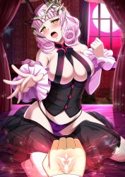 Rule 34 | 1girl, bare shoulders, bed, black skirt, blunt bangs, blush, breasts, canopy bed, carmilla (fate), clothes pull, command spell, commentary request, curly hair, detached sleeves, fate/grand order, fate (series), full moon, groin, highres, indoors, large breasts, long hair, looking at viewer, moon, on bed, open mouth, outstretched arm, panties, pink hair, pov, purple panties, shibata rai, sitting, skirt, skirt pull, solo focus, tongue, underwear, window, yellow eyes