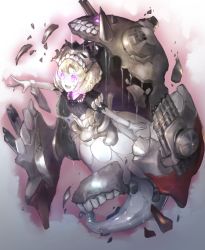 Rule 34 | 1girl, abyssal ship, anzio princess, bad id, bad pixiv id, black footwear, black neckwear, black socks, blonde hair, colored skin, dress, gloves, glowing, glowing eyes, highres, kantai collection, neck stitches, open mouth, pale skin, pink eyes, short hair, short sleeves, simple background, socks, solo, stitched neck, stitches, teeth, torpedo, torpedo launcher, weasel (close-to-the-edge), white gloves, white skin