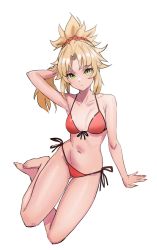 Rule 34 | 1girl, absurdres, arm support, bikini, blonde hair, breasts, breasts apart, collarbone, expressionless, fate/grand order, fate (series), front-tie bikini top, front-tie top, gluteal fold, green eyes, groin, hand in own hair, highres, kiritzugu, looking at viewer, mordred (fate), mordred (fate) (all), mordred (fate/apocrypha), mordred (swimsuit rider) (fate), mordred (swimsuit rider) (first ascension) (fate), navel, ponytail, red bikini, red scrunchie, scrunchie, short hair, side-tie bikini bottom, small breasts, solo, swimsuit, white background