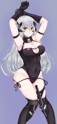 Rule 34 | 1girl, barcode, barcode tattoo, black corset, black gloves, black thighhighs, blue background, blush, breasts, cleavage, closed mouth, corset, covered navel, facial tattoo, gager (girls&#039; frontline), girls&#039; frontline, gloves, green eyes, grey hair, groin, hands up, highres, knife sheath, knife sheath, long hair, looking at viewer, medium breasts, pao mian+dan, sangvis ferri, sheath, solo, standing, tattoo, thighhighs, thighs