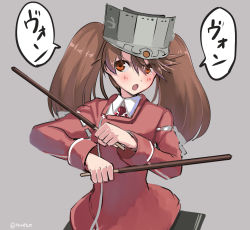 Rule 34 | 10s, 1girl, blush, brown eyes, brown hair, dress shirt, dual persona, kantai collection, long hair, looking at viewer, magatama, nueco, open mouth, pocky, ryuujou (kancolle), shirt, skirt, solo, translation request, twintails, visor cap