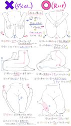 Rule 34 | 1girl, barefoot, commentary request, covering privates, covering crotch, from side, groin, highres, how to, lower body, monochrome, multiple views, navel, no pussy, nude, original, seiza, sitting, spot color, symbol-only commentary, translation request, white background, yoshimura takuya