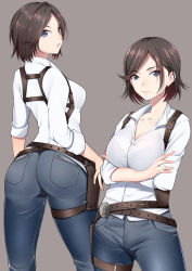 Rule 34 | 1girl, ass, belt, black hair, blue eyes, blue pants, bralines, breasts, brown background, brown hair, cleavage, collarbone, collared shirt, crossed arms, denim, dress shirt, highres, holster, jeans, julie kidman, kippuru, large breasts, light smile, long sleeves, looking at viewer, looking back, multiple views, open mouth, pants, shirt, short hair, shoulder holster, swept bangs, the evil within, thigh holster, unbuttoned, white shirt