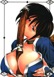 Rule 34 | between breasts, breast hold, breasts squeezed together, breasts, brown eyes, brown hair, dead or alive, highres, huge breasts, kasumi (doa), katana, kawaraya a-ta, mouth hold, solo, sword, tecmo, weapon
