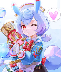 Rule 34 | 1girl, absurdres, apron, blue hair, blue shirt, bow, bowtie, bubble, fusyo fuka, genshin impact, gloves, gradient hair, gun, hat, heart, highres, holding, holding gun, holding weapon, looking at viewer, medium hair, multicolored hair, one eye closed, orange eyes, parted lips, pink bow, pink bowtie, purple hair, shirt, sigewinne (genshin impact), solo, spoken heart, upper body, weapon, white apron, white gloves, white hat