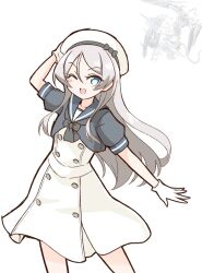 Rule 34 | 1girl, arm up, blue eyes, blue sailor collar, blush, dress, gloves, grey hair, hair between eyes, hand on headwear, hat, javelin (kancolle), kantai collection, long hair, one eye closed, open mouth, sailor collar, sailor dress, sailor hat, short sleeves, simple background, solo, suke (share koube), white background, white gloves, white hat