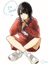Rule 34 | 1girl, black hair, brown eyes, commentary request, drinking, drinking straw, english text, full body, gym uniform, highres, indian style, jacket, juice box, long hair, long sleeves, looking at viewer, original, ponytail, red jacket, sako (35s 00), school uniform, shirt, shoes, signature, simple background, sitting, socks, solo, speech bubble, track jacket, track suit, unzipped, white background, white shirt, white socks