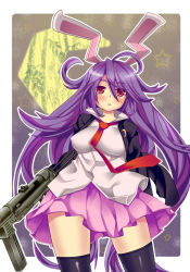 Rule 34 | 1girl, animal ears, bad id, bad pixiv id, bad proportions, blush, breasts, crescent moon, female focus, gun, hip focus, long hair, moon, niji sugi, popped collar, purple hair, rabbit ears, red eyes, reisen udongein inaba, simple background, skirt, solo, star (symbol), submachine gun, thighhighs, touhou, very long hair, weapon, wide hips, zettai ryouiki