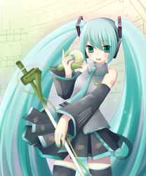 Rule 34 | 1girl, aqua hair, black thighhighs, female focus, green background, hatsune miku, long hair, lowres, solo, spring onion, thighhighs, twintails, very long hair, vocaloid