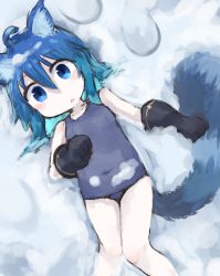 Rule 34 | 1girl, absurdres, ahoge, animal ears, blue eyes, blue hair, borrowed character, female focus, getugadayo, gloves, highres, jpeg artifacts, lying, on back, one-piece swimsuit, original, pappii (paprika shikiso), snow, solo, swimsuit, tail