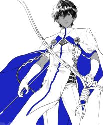 Rule 34 | 1boy, absurdres, arjuna (fate), arrow (projectile), bow (weapon), cleavage cutout, clothing cutout, commentary request, dark-skinned male, dark skin, fate/grand order, fate (series), feet out of frame, gloves, greyscale, hair between eyes, highres, holding, holding bow (weapon), holding weapon, korean commentary, long sleeves, looking at viewer, male focus, monochrome, pelvic curtain, potato goril, short hair, simple background, solo, spot color, standing, weapon, white gloves
