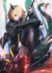 Rule 34 | 1girl, arknights, axe, between legs, black footwear, black horns, black thighhighs, blonde hair, bob cut, grey jacket, hair ornament, hairclip, highres, horns, jacket, long sleeves, nkyoku, open clothes, open jacket, open mouth, pointy ears, red eyes, shoelaces, shoes, short hair, smile, sneakers, solo, tail, tail between legs, teeth, thighhighs, thighs, vanilla (arknights)