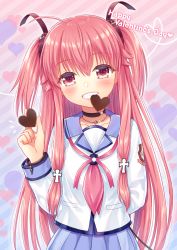 Rule 34 | 1girl, angel beats!, black choker, blue sailor collar, blue skirt, blush, brown ribbon, candy, chocolate, chocolate heart, choker, collarbone, commentary request, diagonal stripes, food, food in mouth, grin, hair between eyes, hair ribbon, hand up, happy valentine, heart, heart background, highres, holding, holding food, long hair, looking at viewer, mouth hold, nakamura hinato, neckerchief, pink hair, pink neckerchief, pleated skirt, red eyes, ribbon, sailor collar, school uniform, serafuku, shinda sekai sensen uniform, shirt, skirt, smile, solo, striped, striped background, two side up, valentine, very long hair, white shirt, yui (angel beats!)