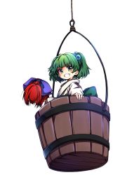 Rule 34 | 1girl, absurdres, baba (baba seimaijo), bucket, disembodied head, green eyes, green hair, grin, hair bobbles, hair ornament, hair ribbon, highres, in bucket, in container, japanese clothes, kimono, kisume, long sleeves, looking at viewer, red hair, ribbon, sash, sekibanki, short hair, smile, touhou, transparent background, twintails, wooden bucket
