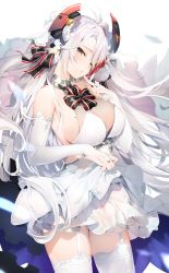 Rule 34 | 1girl, antenna hair, azur lane, bare shoulders, black bow, black ribbon, blush, bow, breasts, bridal gauntlets, bridal veil, brown eyes, cleavage, closed mouth, clothes lift, commentary request, cowboy shot, dress, finger to mouth, flower, garter straps, hair bow, hair flower, hair ornament, hand up, head tilt, headgear, highres, jewelry, large breasts, lifted by self, long hair, looking at viewer, mole, mole on breast, multicolored hair, one eye closed, prinz eugen (azur lane), prinz eugen (symphonic fate) (azur lane), ribbon, ring, see-through, sideboob, silver hair, skirt, skirt lift, solo, standing, streaked hair, striped, striped bow, swept bangs, thighhighs, thighs, two side up, umibouzu (niito), veil, very long hair, wedding dress, white background, white dress, white thighhighs, yellow eyes