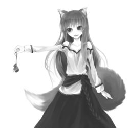 Rule 34 | 00s, animal ears, bad id, bad pixiv id, greyscale, holo, long hair, monochrome, saki (pixiv303252), solo, spice and wolf, tail, wolf ears, wolf tail