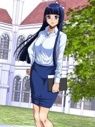 Rule 34 | 1girl, aoki reika, blue eyes, blue hair, breasts, day, hand on own hip, hime cut, itachou, long hair, looking at viewer, medium breasts, open mouth, outdoors, pencil skirt, precure, skirt, smile precure!, solo, standing