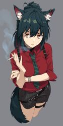 Rule 34 | 1girl, animal ear fluff, animal ears, arknights, black hair, black necktie, black shorts, breasts, cigarette, closed mouth, collared shirt, cropped legs, drawdrawdeimos, ear piercing, grey background, hair between eyes, highres, holding, holding cigarette, long hair, medium breasts, necktie, piercing, red eyes, red shirt, shirt, shorts, simple background, smoke, smoking, solo, striped, striped necktie, tail, texas (arknights), texas (willpower) (arknights), thigh strap, watch, wolf ears, wolf girl, wolf tail, wristwatch