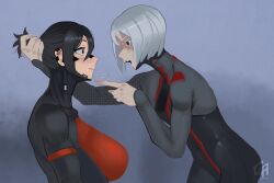 Rule 34 | 2girls, android, angry, ariane yeong, black hair, cyberpunk, elster (signalis), gretarting, highres, joints, mechanical parts, metal skin, multiple girls, open mouth, red eyes, robot girl, robot joints, signalis, uniform, white hair
