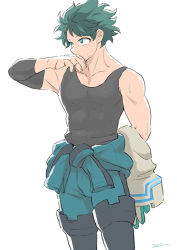 Rule 34 | 1boy, bare shoulders, black sleeves, black tank top, bodysuit, boku no hero academia, boots, clothes around waist, collarbone, commentary request, cowboy shot, detached sleeves, freckles, from side, gloves, green eyes, green hair, grey background, male focus, midoriya izuku, pectorals, pero (pero56870578), scar, scar on hand, short hair, simple background, smile, solo, sweatdrop, tank top, thigh boots, thighhighs, white background