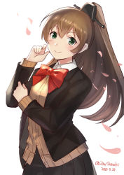 Rule 34 | 1girl, blazer, blush, bow, bowtie, brown hair, cherry blossoms, dated, green eyes, hair ornament, hairclip, headgear, jacket, kantai collection, kumano (kancolle), long hair, long sleeves, one-hour drawing challenge, petals, ponytail, red bow, red bowtie, school uniform, shiozaki zoe, simple background, skirt, smile, solo, twitter username, white background