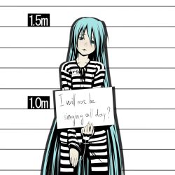 Rule 34 | 1girl, :&lt;, alternate hairstyle, blue eyes, blue hair, bored, cuffs, english text, female focus, frown, handcuffs, hatsune miku, highres, long hair, matching hair/eyes, mugshot, prison, prison clothes, shirt, sign, sign holding, solo, striped clothes, striped shirt, tsukuan, very long hair, vocaloid, white background