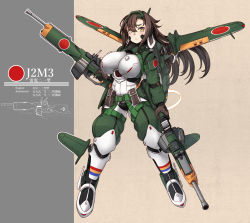 Rule 34 | 1girl, aircraft, belt, belt pouch, breasts, cannon, eyes visible through hair, gloves, gun, hair between eyes, headgear, highres, j2m raiden, konoshige (ryuun), large breasts, looking at viewer, mecha musume, military, original, personification, pilot suit, pouch, propeller, roundel, solo, translated, weapon, wings, world war ii
