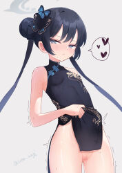 Rule 34 | 1girl, black dress, black hair, blue archive, breasts, butterfly hair ornament, china dress, chinese clothes, cleft of venus, clothes lift, double bun, dress, dress lift, grey eyes, hair bun, hair ornament, halo, has bad revision, has censored revision, heart, highres, kisaki (blue archive), long hair, pussy, pussy juice, sese nagi, signature, small breasts, spoken heart, sweat, trembling, twintails, twitter username