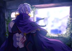 Rule 34 | 1boy, abs, bad id, bad pixiv id, black gloves, brown eyes, cape, clutch2130, covered mouth, elbow gloves, gloves, indoors, male focus, midriff, original, overgrown, purple cape, standing, tattoo, white hair, window