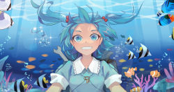 Rule 34 | 1girl, absurdres, blouse, blue eyes, blue hair, blue shirt, breasts, bubble, collarbone, coral, fish, floating hair, glint, grin, hair bobbles, hair ornament, highres, kawashiro nitori, key, light rays, looking at viewer, puffy short sleeves, puffy sleeves, shirt, short hair, short sleeves, small breasts, smile, solo, sparkle, touhou, two side up, underwater, upper body, yongzhe mei hong