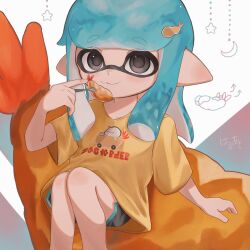 Rule 34 | 1girl, black eyes, black shorts, blue hair, chewing, closed mouth, commentary request, crescent moon, food, food-themed hair ornament, fork, ha r a k, hair ornament, highres, holding, holding fork, inkling, inkling (language), inkling girl, inkling player character, long hair, looking at viewer, moon, nintendo, orange shirt, oversized clothes, oversized shirt, pointy ears, print shirt, shirt, shorts, shrimp, shrimp tempura, sitting, solo, splatoon (series), splatoon 3, star (symbol), tempura, tentacle hair, white background
