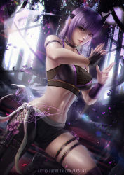 Rule 34 | 1girl, abs, asymmetrical gloves, axsen, ayane (doa), black thighhighs, blunt bangs, breasts, cleavage, curvy, dead or alive, gloves, highres, midriff, nail polish, navel, patreon, purple hair, red eyes, short hair, skindentation, solo, stomach, thigh strap, thighhighs, uneven gloves, watermark