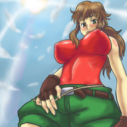 Rule 34 | 00s, 1girl, bad id, bad pixiv id, bare shoulders, belt, breasts, brown hair, christina sierra, cloud, day, from below, gloves, green eyes, gundam, gundam 00, highres, impossible clothes, impossible shirt, large breasts, long hair, looking down, ponytail, shirt, shorts, sky, solo, toryuu